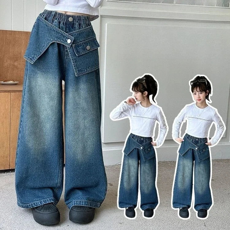 Autumn Trendy Korean Style Flared Jeans for Girls - Medium & Large Kids, Ruffled Long Pants for Junior High Students
