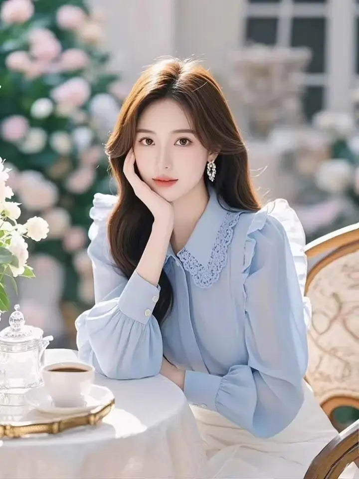 Blue Long Sve irt Women's Faionable Beautiful Top Small Flng Sve Design Spring Sli Good Looking Ele Garment