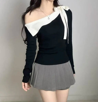 Women's Knitted Sweater Chic oulder Bow Design Long Sve Sweet Inner Wear Base irt Korean Sle Faionable Top