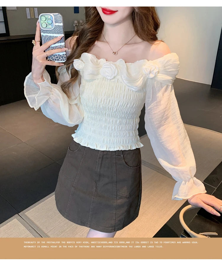 Sweet oulder One-oulder 3D Flower Bell Sve Women's irt Spring New Sle Waist Cinching Beautiful Top Ci Walk ort...