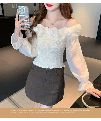 Sweet oulder One-oulder 3D Flower Bell Sve Women's irt Spring New Sle Waist Cinching Beautiful Top Ci Walk ort...