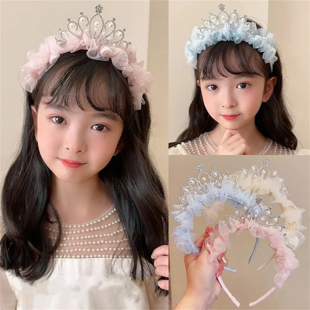 Sweet Princess Headband for Girl Mesh Pearl Crown Hair Hoop for Children Birthday Party Headwear