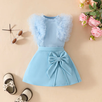 2Pcs Toddler Baby Girl Clothes Outfit Bubble Sleeve Patchwork Ruffle Top+Solid Color Flared Pants Fashion Set Fit 0-3 Years Set