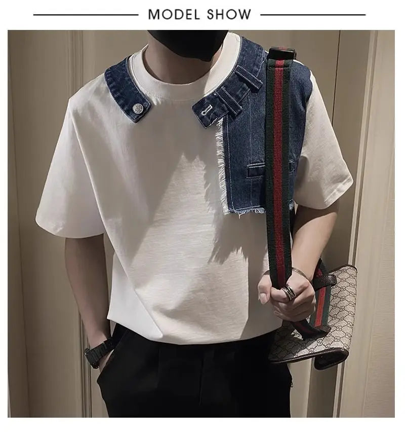 Men Trendy Vintage Denim Patchwork Design Tees Summer Short Sleeve Luxury Chic T Shirt Casual Round Neck Loose Tops Ropa Hombre  ( Available )