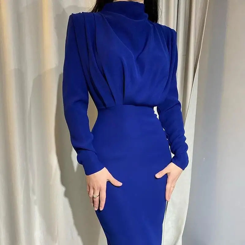 Women's Spring New Dresses with European and American Temperament, Waist Wrapped Solid Color Long Skirt, Long Sleeves, Round Nec