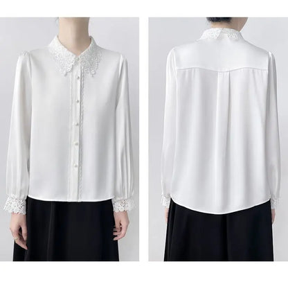 Lapel Lace Hollow Stitching Top Satin Shirt Women's Long-sleeved Temperament Autumn