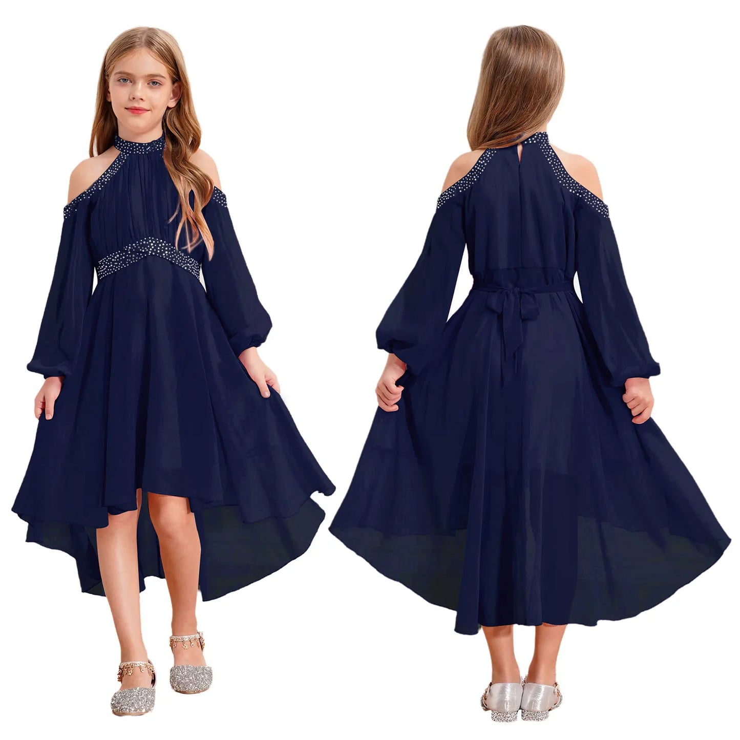Kids Girls Elegant Party Dress Halter Off-shoulder High Waist Ruffled Chiffon Dresses Wedding Birthday Pageant Evening Prom Gown