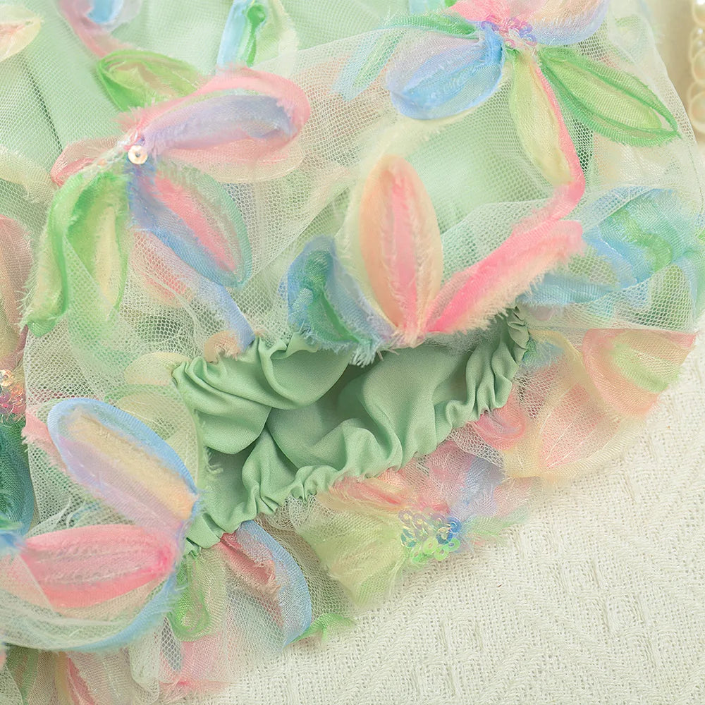 Summer Dress Girl Dresses 2025 Children Clothes Sleeveless Halter Mesh Sequins Bow Princess Dress Toddler Colorful Flower Dress