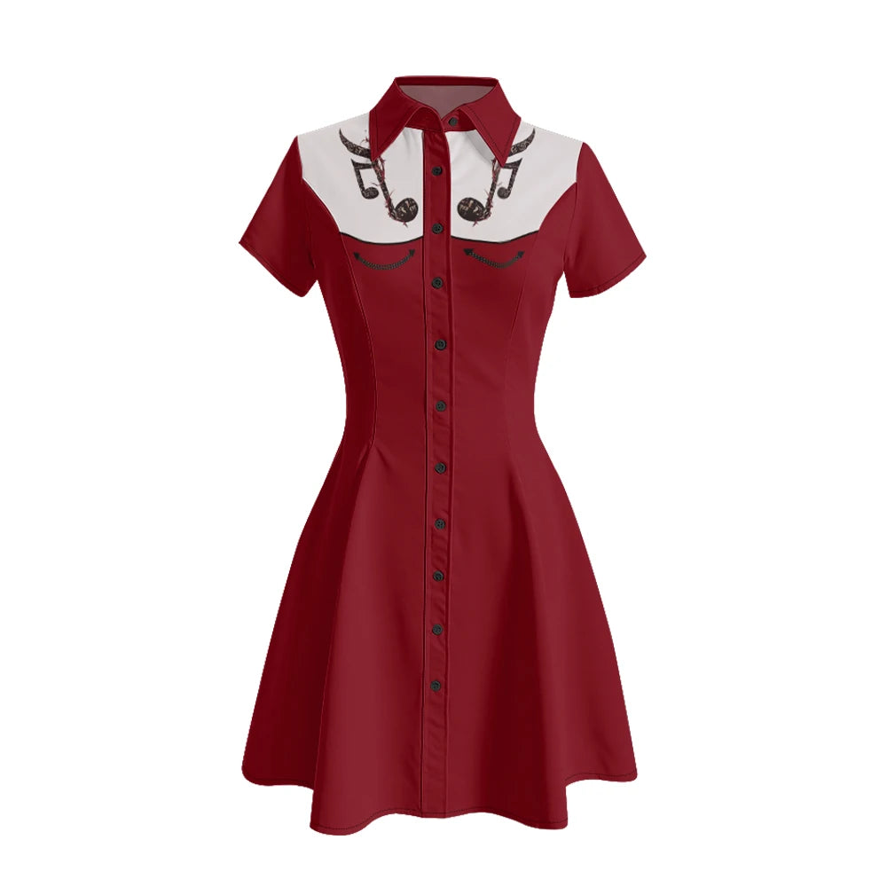 Women's Western Shirt Dress with Music Notes and Dolphin Print Cowboy Collar Button Up Pure Cotton Midi Dress Casual Boho Style