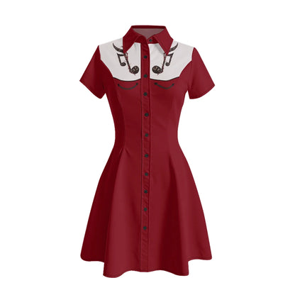 Women's Western Shirt Dress with Music Notes and Dolphin Print Cowboy Collar Button Up Pure Cotton Midi Dress Casual Boho Style