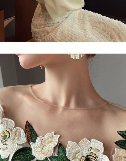 Embroidered Heavy Work Satin Patchwork irt Women's Sle Spring New Arrival Long Sve round Ne Fly Sve Lace Top