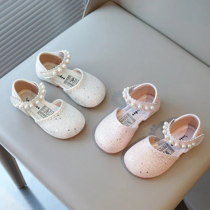 Girl's Princess Shoes Pearl Round Toe Glitter Sweet Kid's Flat Shoe Solid Colors Anti-slip Cute Party Daily Children Shoe