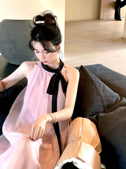 Women's Pink Halter Neck Maxi Dress With Black Bow Detail Sheer Chiffon Flowy Resort Party Dress