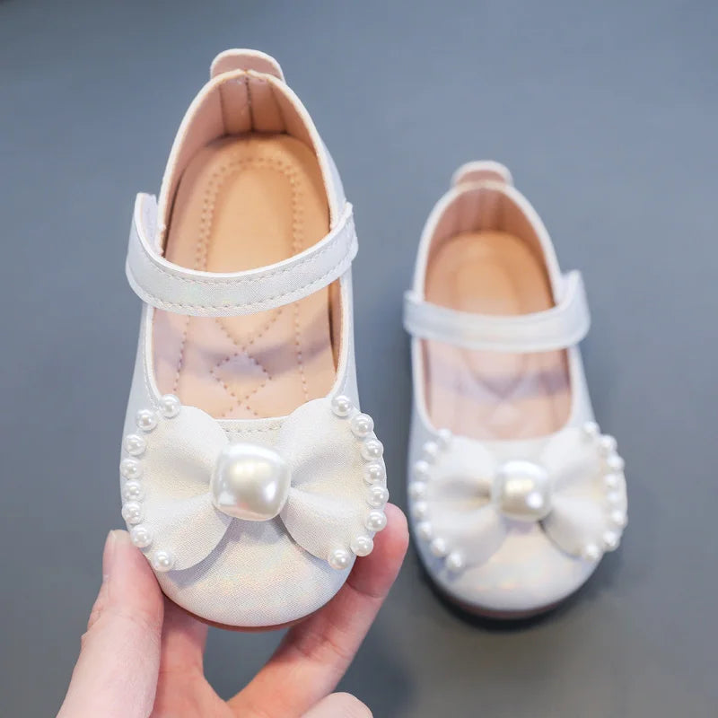 Girl's Leather Shoes Casual Simple Bowtie with Pearls 2024 New Flat Shoes Soft Sole Baby Kids Dress Shoes Children Party Flats