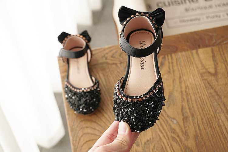 New Kids Leather Shoes Girls Wedding Shoes Children Princess Sandals Sequins Bow Girls Casual Dance Shoes Flat Sandals