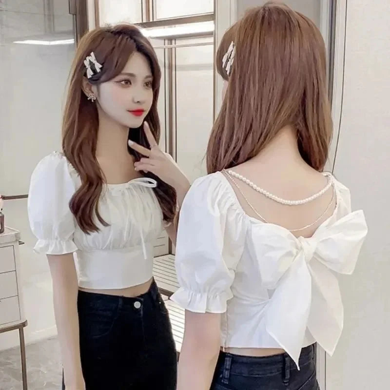 Summer New Fashion Temperament Women Bubble Sleeve Square Collar Shirt Design Sense Of Small Sweet Halter Short Sleeve Top
