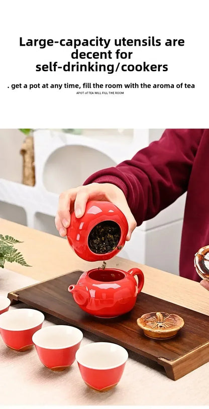 Auspicious Red Ceramic Tea Set Gift Box - Chinese New Year Wedding Corporate Gifts, Good Fortune Design Teapot & Cups