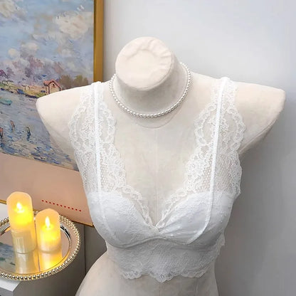 French Lace Lingerie Gathered No Steel Ring Bra Deep V Neck Sexy Wire Free Bras Underwear Tank Tops Padded Camisole Vest