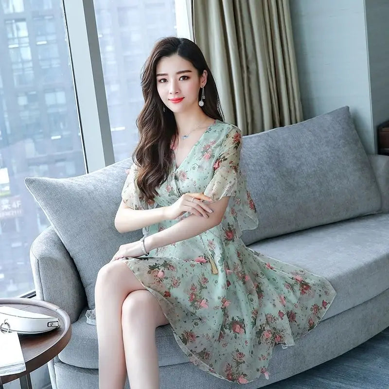 Chiffon Floral V-neck Ruffle Woman Dress Promotion Elegant and Pretty Korean Style Fashion Summer 2025 Chic Dresses for Women