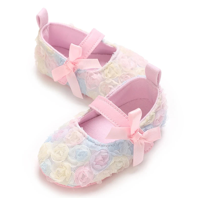 Cute Flower Baby Princess Shoes With Bow Decoration Soft Sole Comfortable Flat Shoes Suitable For 0-18M Infants And Toddlers