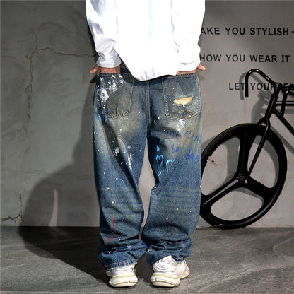 High End Men'S Clothing Hip Hop Graffiti Baggy Jeans For Men Streetwear Skateboard Ripped Jeans Korean Trendy Denim Trousers  ( Available )