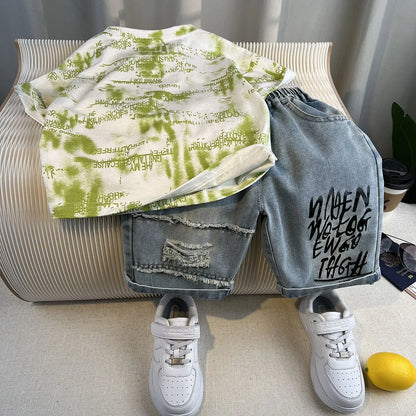 Korean Children's Summer Clothes Kids Set Outfits Boys 2025 Handsome Sleeveless&Short Sleeved T-shirt Denim Shorts 2-piece Set