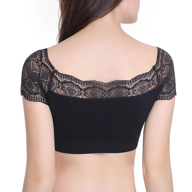 Women Lace Square Neck Short Sleeve Summer Soft Tank Top With Chest Pad Crop Top Femme Tank Fashion Party Tight Fitting Clothing