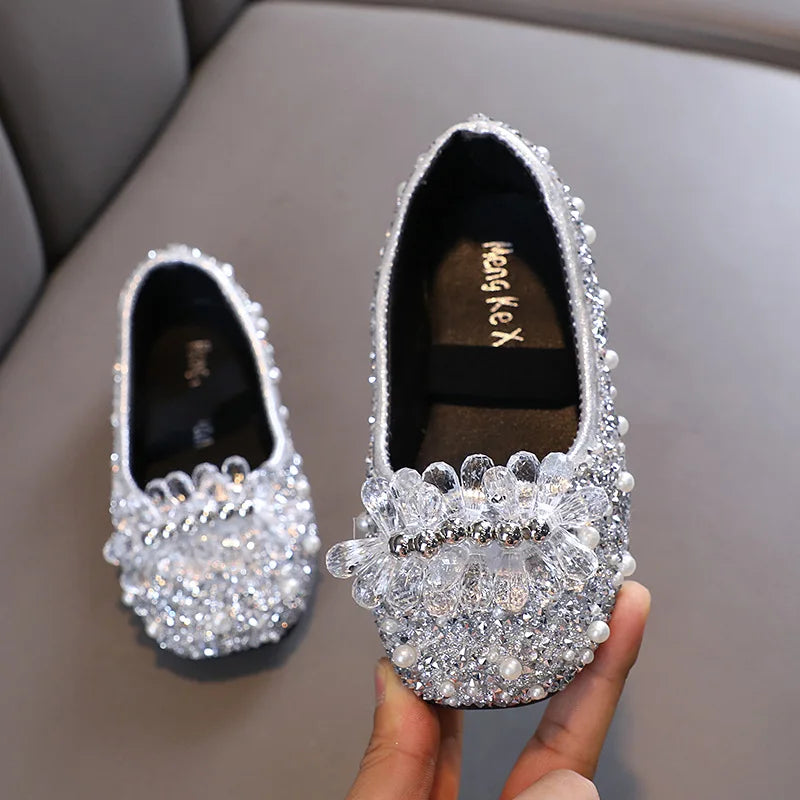 Kids Girl Shoes New Girls Princess Shoes Fashion Children Sequins Bling Bow Shoe Kid Rhinestone Non-slip Flat Shoe