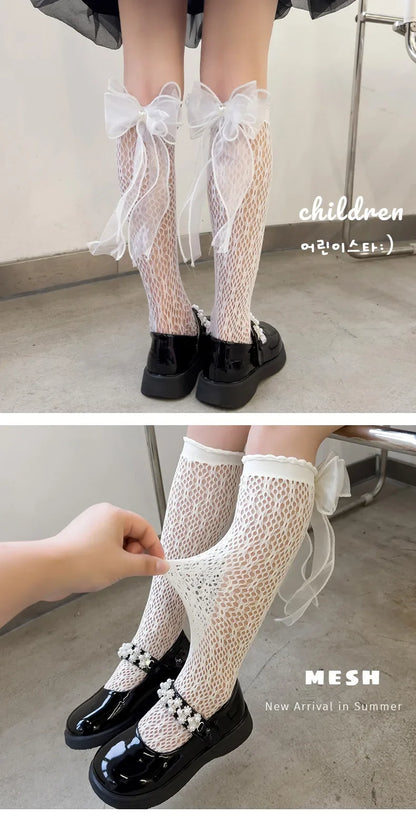 Thin Lolita bow girls' stockings in summer lace bud stockings Japanese princess straight calf socks