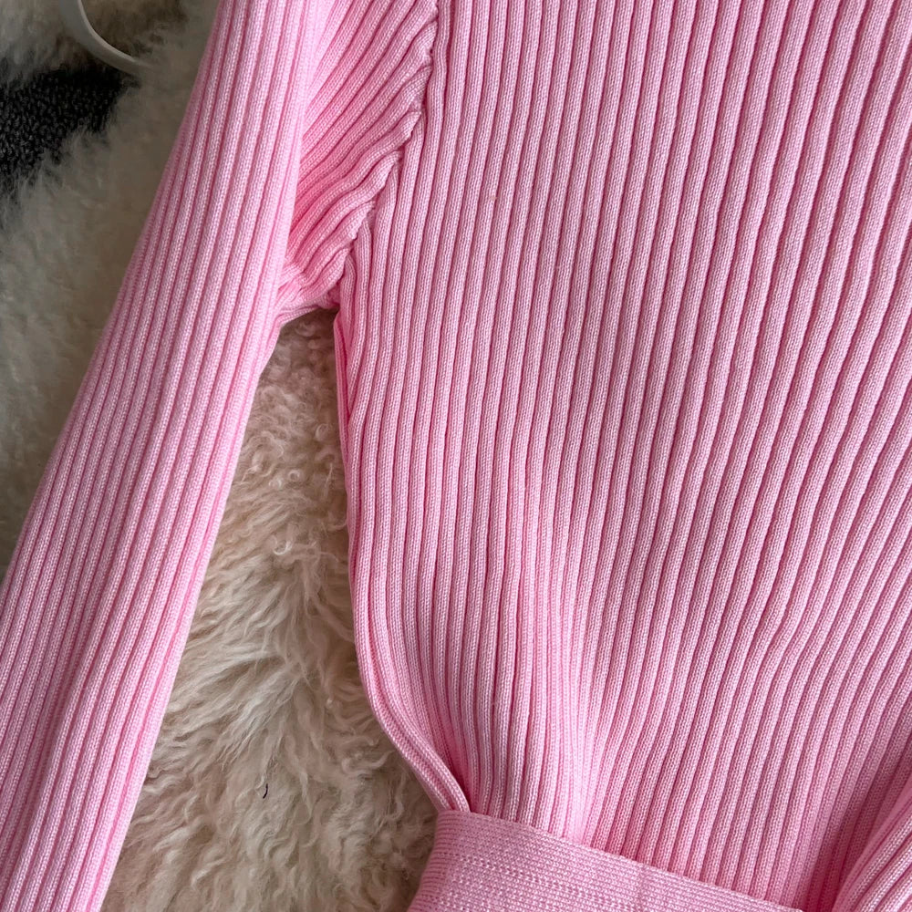 Women Dress 2025 Autumn Winter Elegant Rib Knit Long Pencil Dress with Belt Office Lady Bodycon Sweater Dress Vestidos