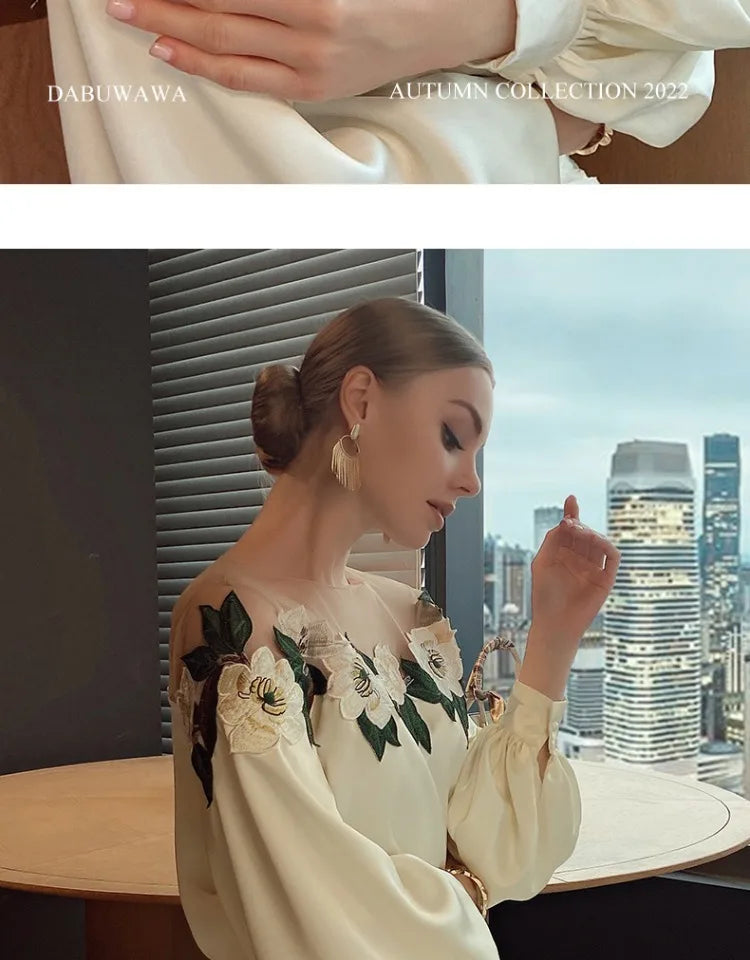 Embroidered Heavy Work Satin Patchwork irt Women's Sle Spring New Arrival Long Sve round Ne Fly Sve Lace Top