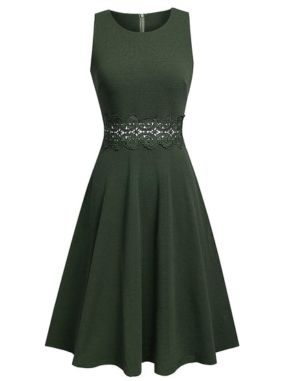 Women Vintage Casual Round Neck A line Summer Elegant Floral Lace Patchwork Sleeveless Tunic Party Swing Dress HA079