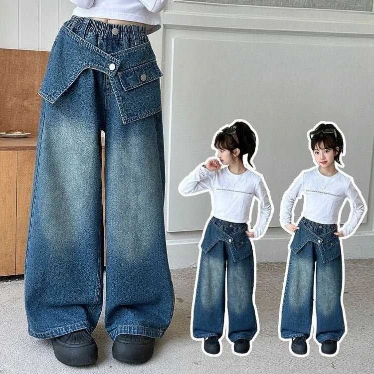 Autumn Trendy Korean Style Flared Jeans for Girls - Medium & Large Kids, Ruffled Long Pants for Junior High Students