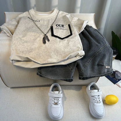 New Boys Fashion Summer Cotton Letter Printing T-shirts+Graffiti Denim Shorts 2pcs Set Kids Korean Outfits Sets Children Clothes