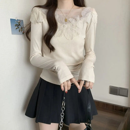 Sexy Patchwork Slim T Shirts Spring Autumn New Long Sleeve Off Shoulder Solid Temperament Tops High Street Fashion Women Clothes