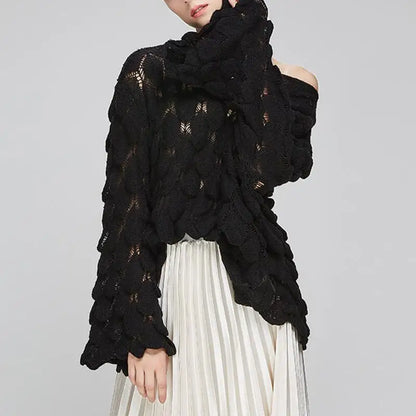Hot 2026 Autumn Winter New European American Women's Fashion Hollow Loose Knitted Sweater Round Neck Trumpet Sleeve Head Sweater