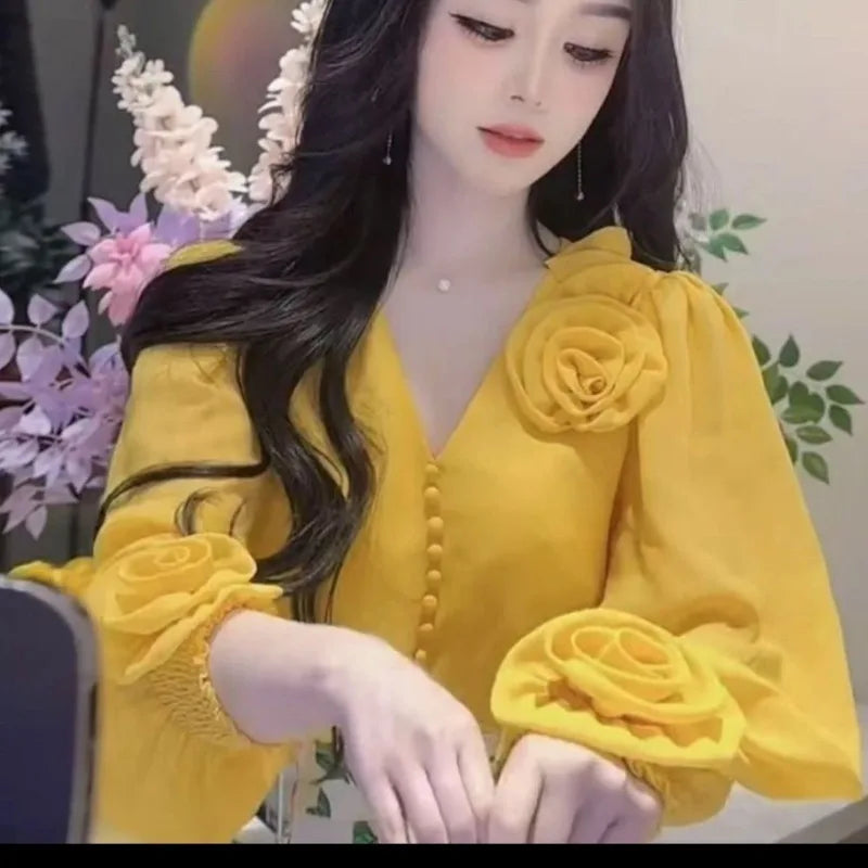 Vintage Elegant 3d Flower V-neck Shirt Women Spring Autumn All-match Blusas Mujer De Moda 2025 Fashion E-girl Blouses