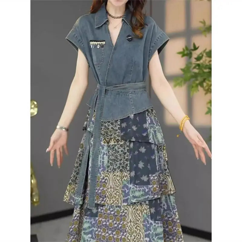 Women's Summer Dress Fake Two Piece Cowboy New Vintage Simple Loose Casual Design Fashion Advanced Soft Niche Versatile Skinny