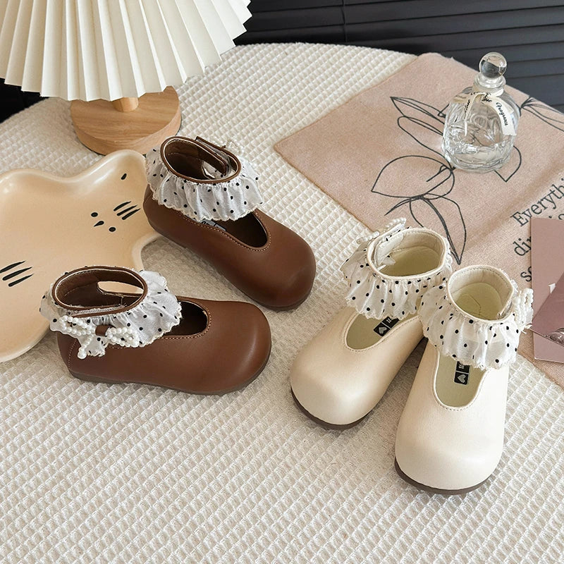 Girl's Leather Shoes Frilly Pearl Adorable Hook-loop Kids Flat Shoe Beige Brown Shallow Sweet Trendy Children Shoe 23-34