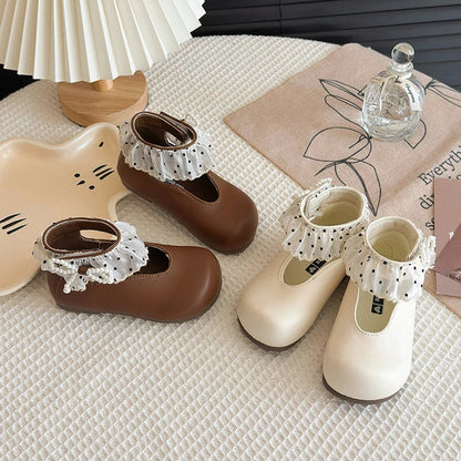 Girl's Leather Shoes Frilly Pearl Adorable Hook-loop Kids Flat Shoe Beige Brown Shallow Sweet Trendy Children Shoe 23-34