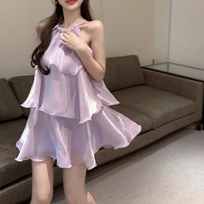 Woman Dress Elegant Sweet Sleeveless Ruffles Mesh Loose Summer New Cake Mini Dresses Solid Sexy Female Casual Fairy 2026