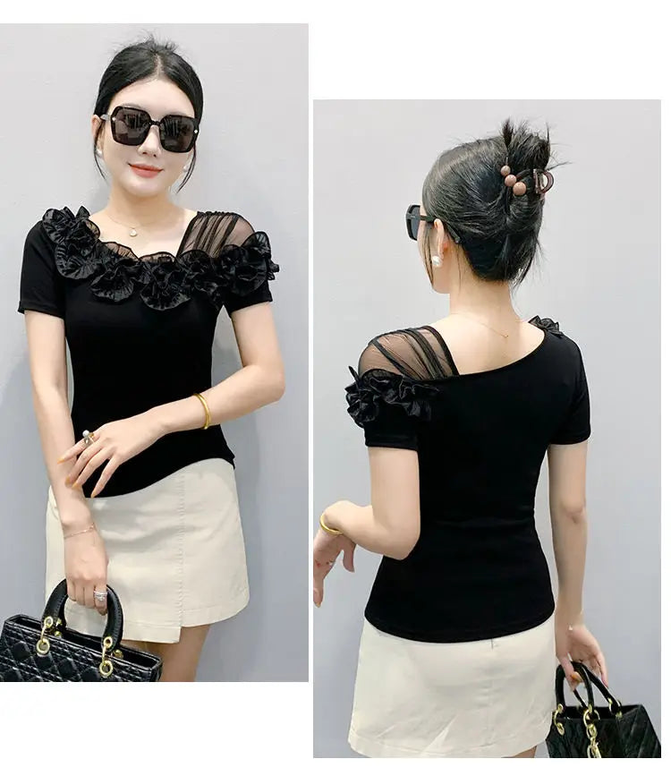 Faionable Floral Lace Ear ort Sve Slimming Me oulder Bared T-Shirt Women's Casual Sle Polyester Fabric Tee irt
