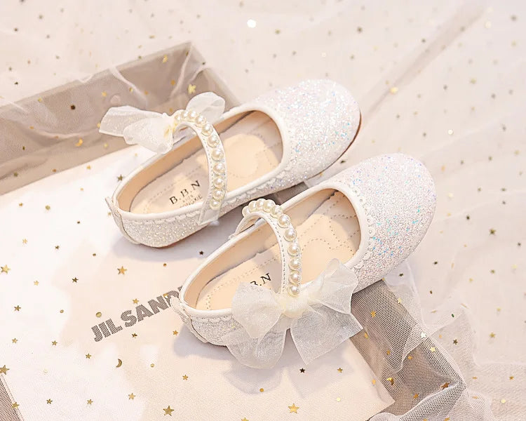 Fashion Girls Mary Janes for Party Wedding Shows Bow Pearls Elegant Princess Shoes Chic Kids Shoes Non-slip Children Fashion