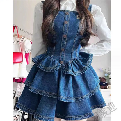 Retro shirt +dress set women slim waist denim halter dress