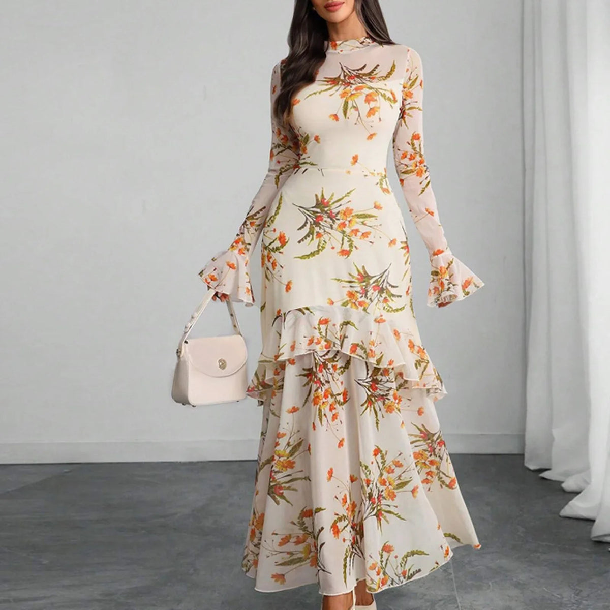 Women's Evening Gown Clothing Vintage Floral Print Maxi Dresses Spring Autumn Long Sheer Sleeve Ruffled Hem Elegant Party Dress (Available)