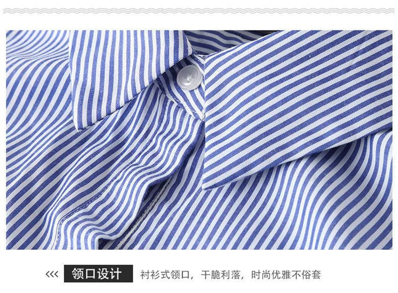 Women Korean Summer Attire Seven Quarter Sleeved Shirt Skirt Female New Fashion Blue White Striped Slim Dress Fit Shirt Skirt
