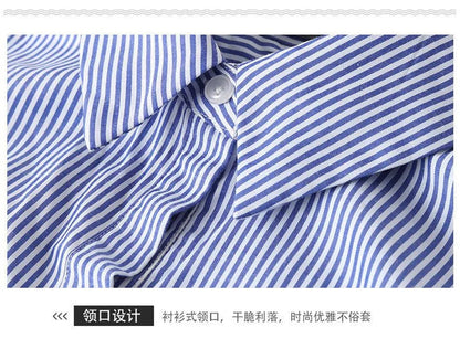 Women Korean Summer Attire Seven Quarter Sleeved Shirt Skirt Female New Fashion Blue White Striped Slim Dress Fit Shirt Skirt