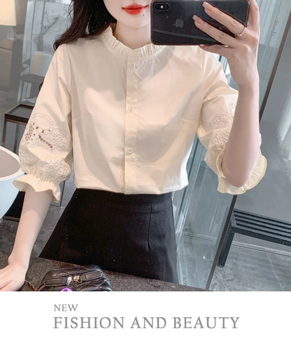 Ele Embroidered ort Sve irt Women's Summer New Design Korean Sle Commute Lantern Sve White irt for Ladies