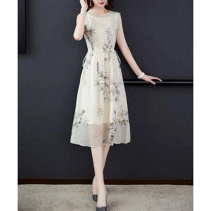 Summer New Elegant Fashion Printing Tank Dress Ladies Sleeveless Holiday Casual Robe Women Drawstring Waist A-line Midi Vestidos
