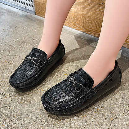 Boys Loafers Non-slip Children's Leather Shoes All-match Four Seasons Metal Buckle  Shiny Simple Kids Fashion Moccasin Shoes